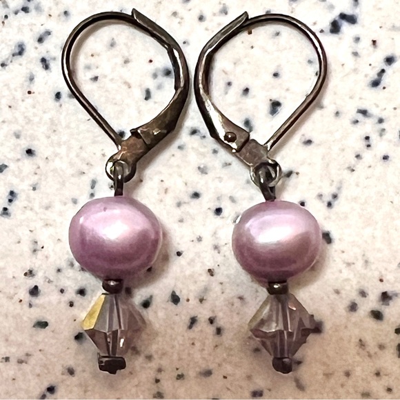 Lavender Pearl and Crystal Lever Back Earrings - Picture 3 of 4